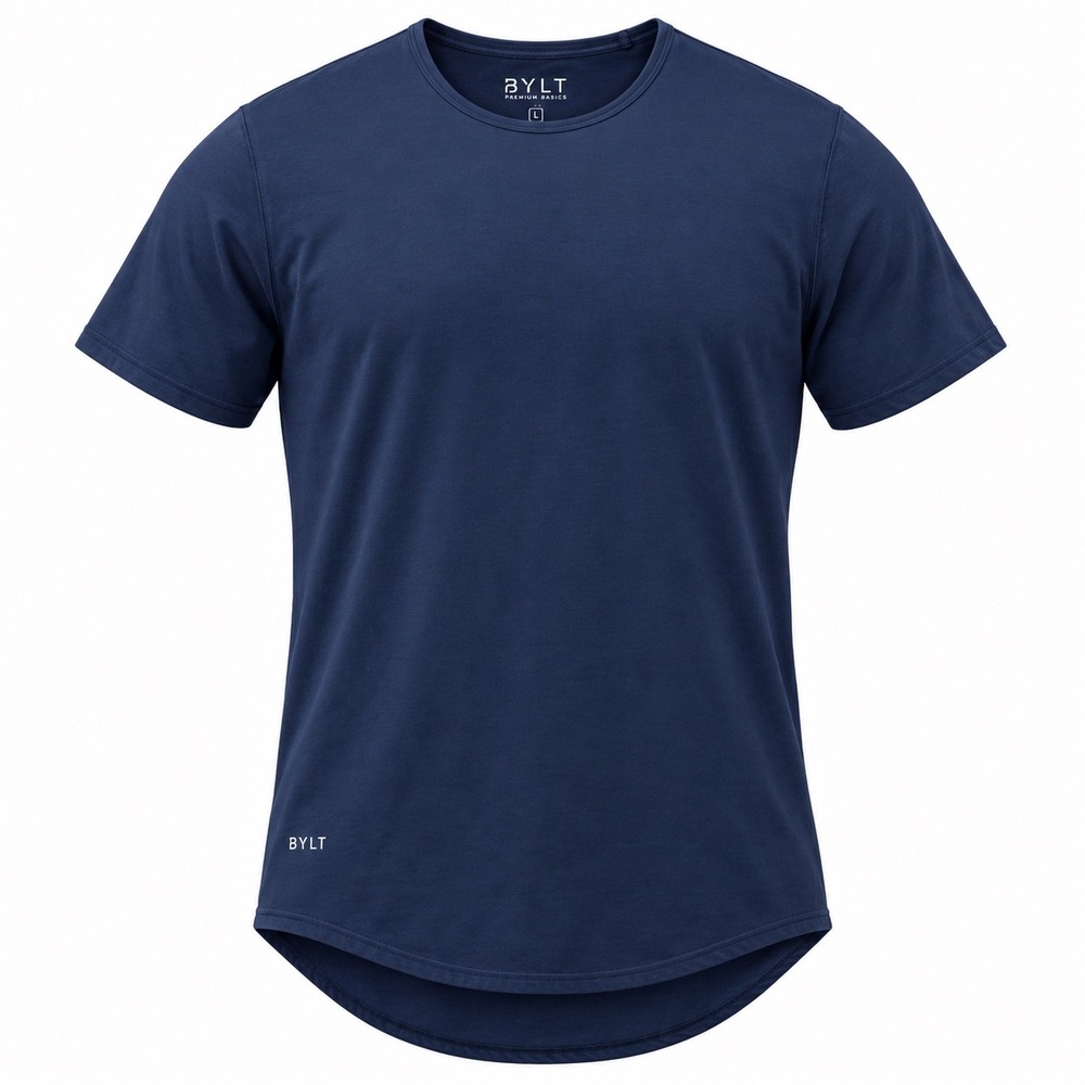 BYLT Lux Drop Cut T-Shirt Size L Navy Blue Athleisure Activewear Curved Hem